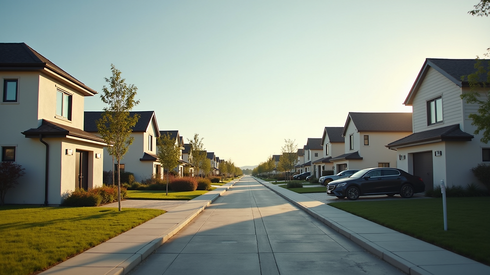 Wide angle view of a suburban neighborhood with modern houses
