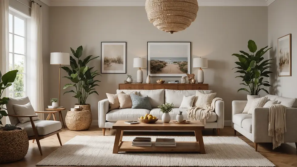 Wide angle view of a beautifully styled living room with organic cotton decor