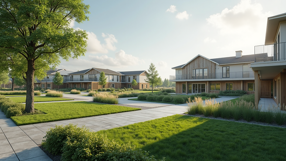 Wide angle view of a modern township with green spaces and sustainable architecture