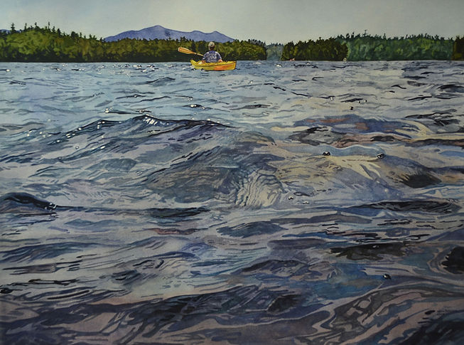 A highly realistic rendering of Lake water dominates this image. In the center background is a person kayaking towards a mountainour shore.