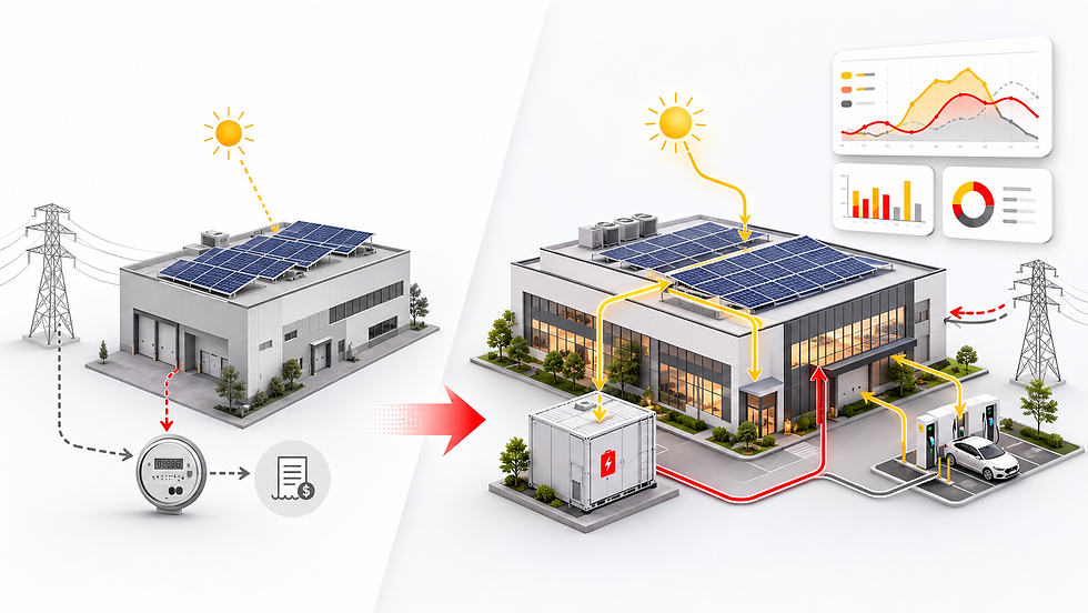 Commercial solar net metering vs net billing comparison with rooftop solar, battery storage, EV charging, and energy management systems.