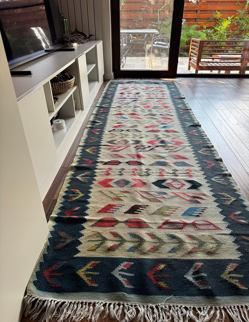 Thumbnail: 295x90 vintage Oltenian Romanian rug with a stylised design