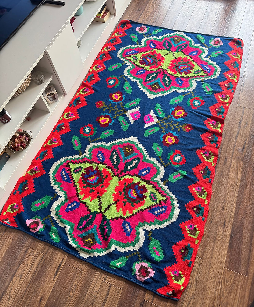 Miniature : Blue Maramureş handmade carpet  with colourful design 