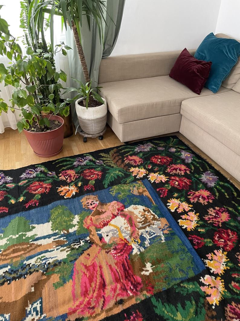 Thumbnail: Large bohemian handwoven rug with amazing scenery and floral design, Romania