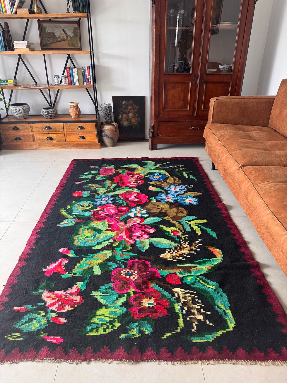 Thumbnail: Floral Black Rug, Reversible Folk Carpet from Alba County, Boho Cottage Decor