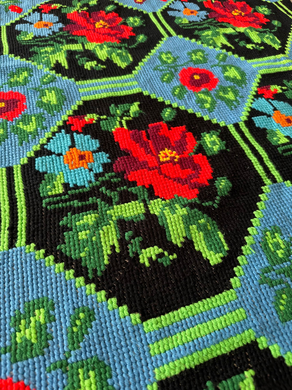 Miniaturbild: Cross stitch wall hanging tapestry with roses on a blue background
