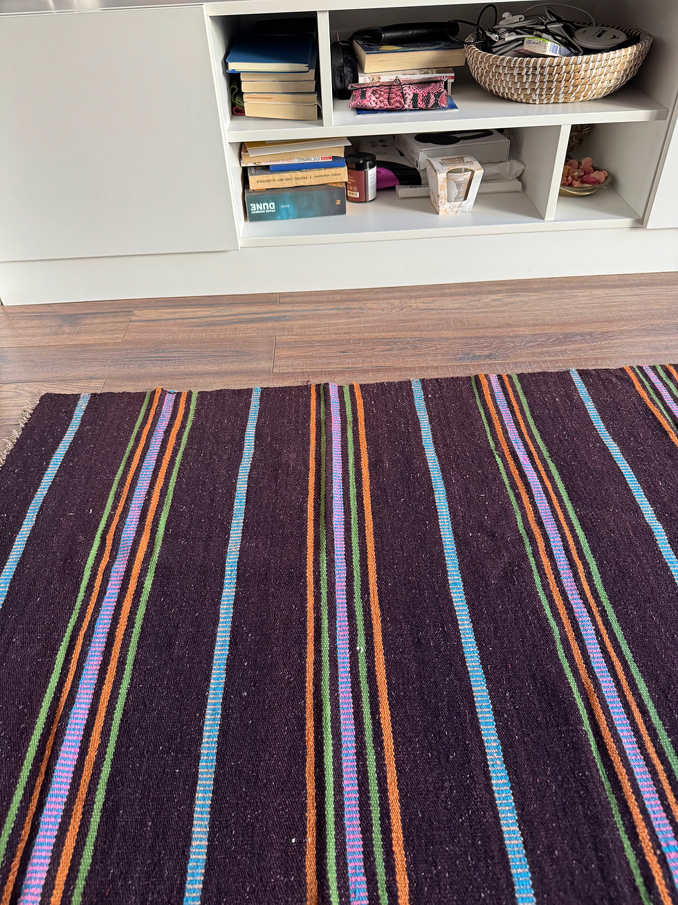 Miniaturbild: Handwoven Vintage Brown Runner Rug – Simple Striped Design