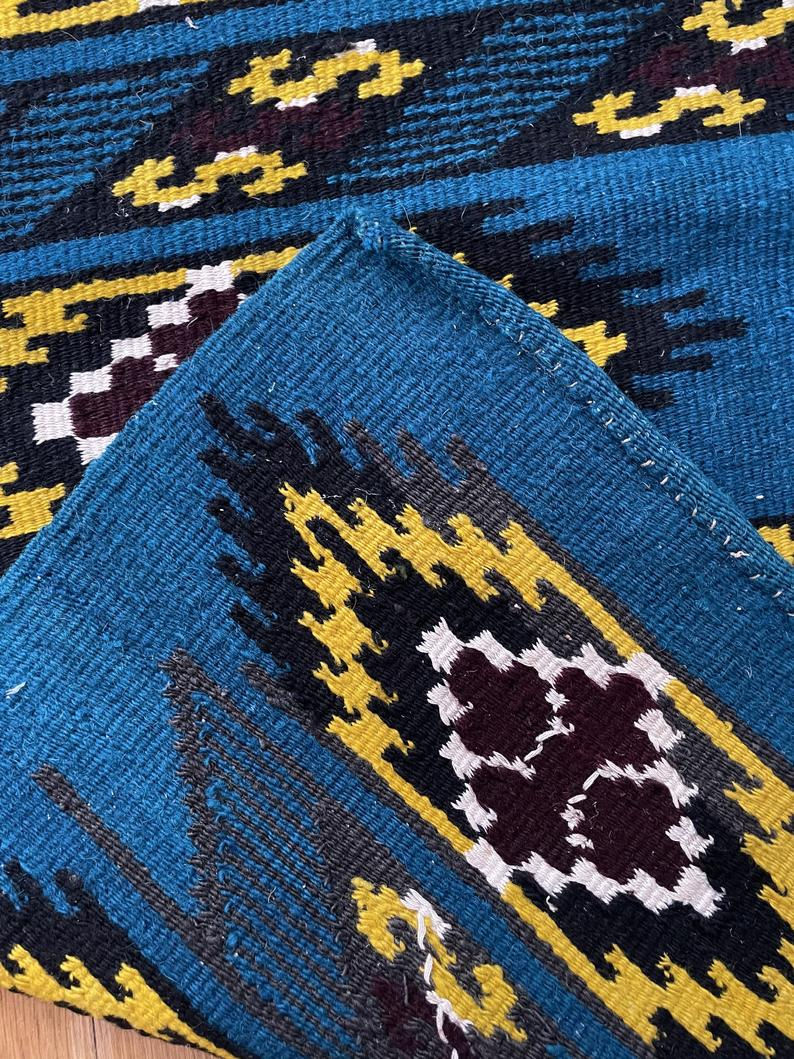 Thumbnail: Romanian handwoven carpet with blue ground and yellow details