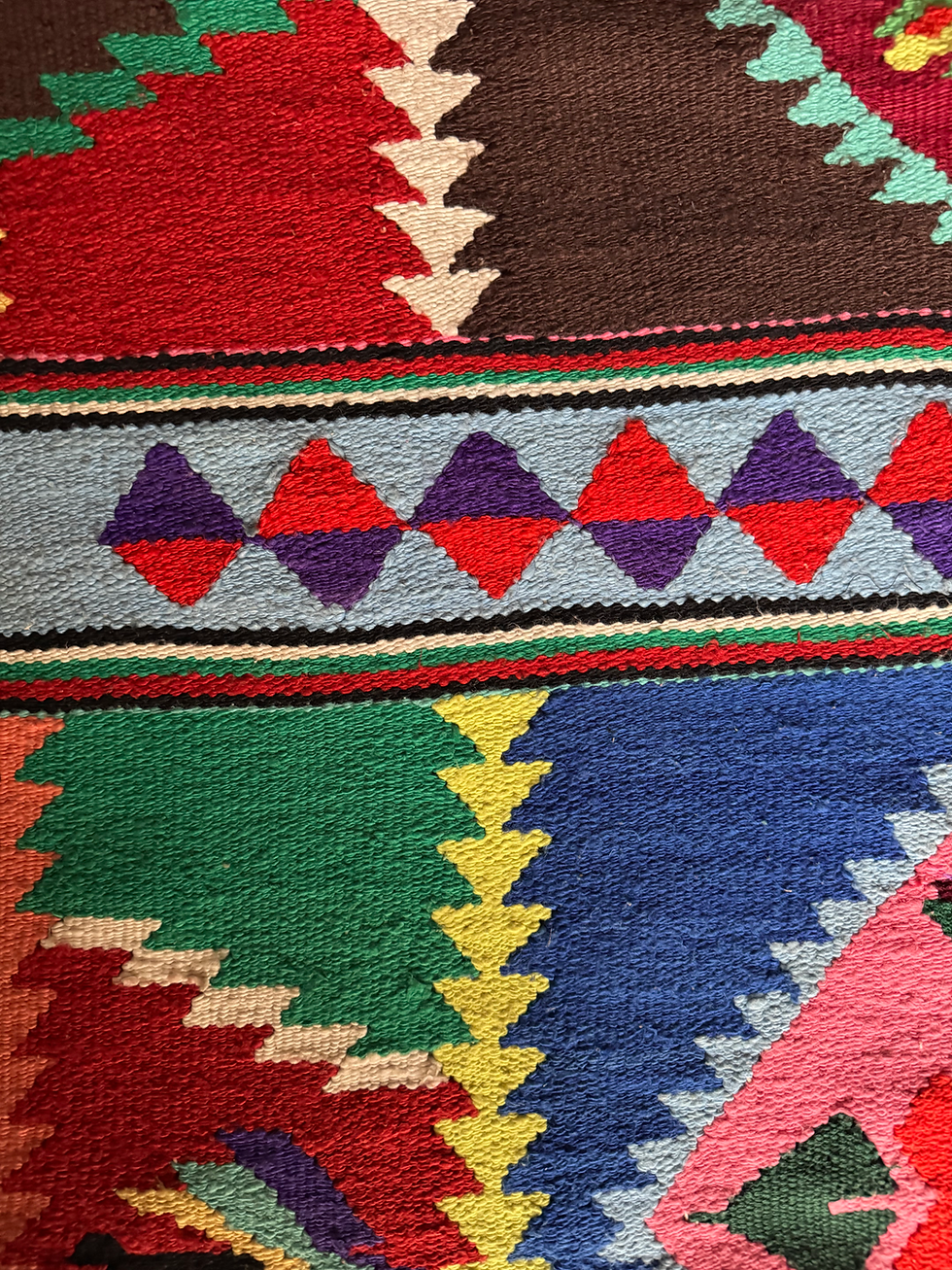 Miniatură: Blue vintage carpet with colours geometric pattern