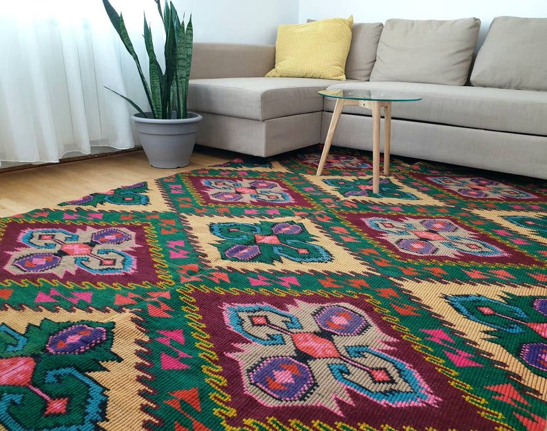 Thumbnail: Vintage Romanian large rug handwoven in wool, yellow and green geometric design