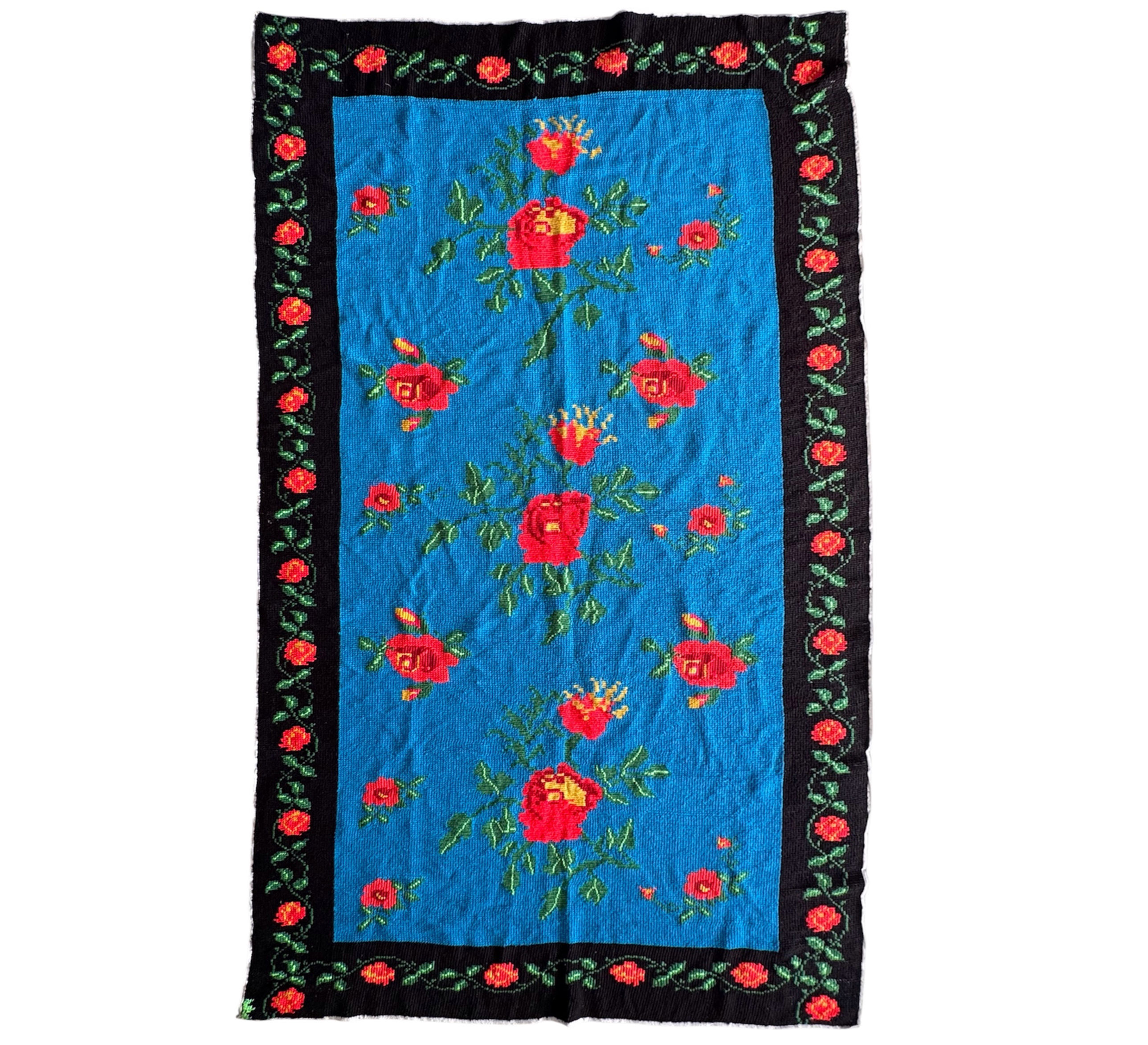 Large Cross stitch wall hanging tapestry with flowers on a blue background
