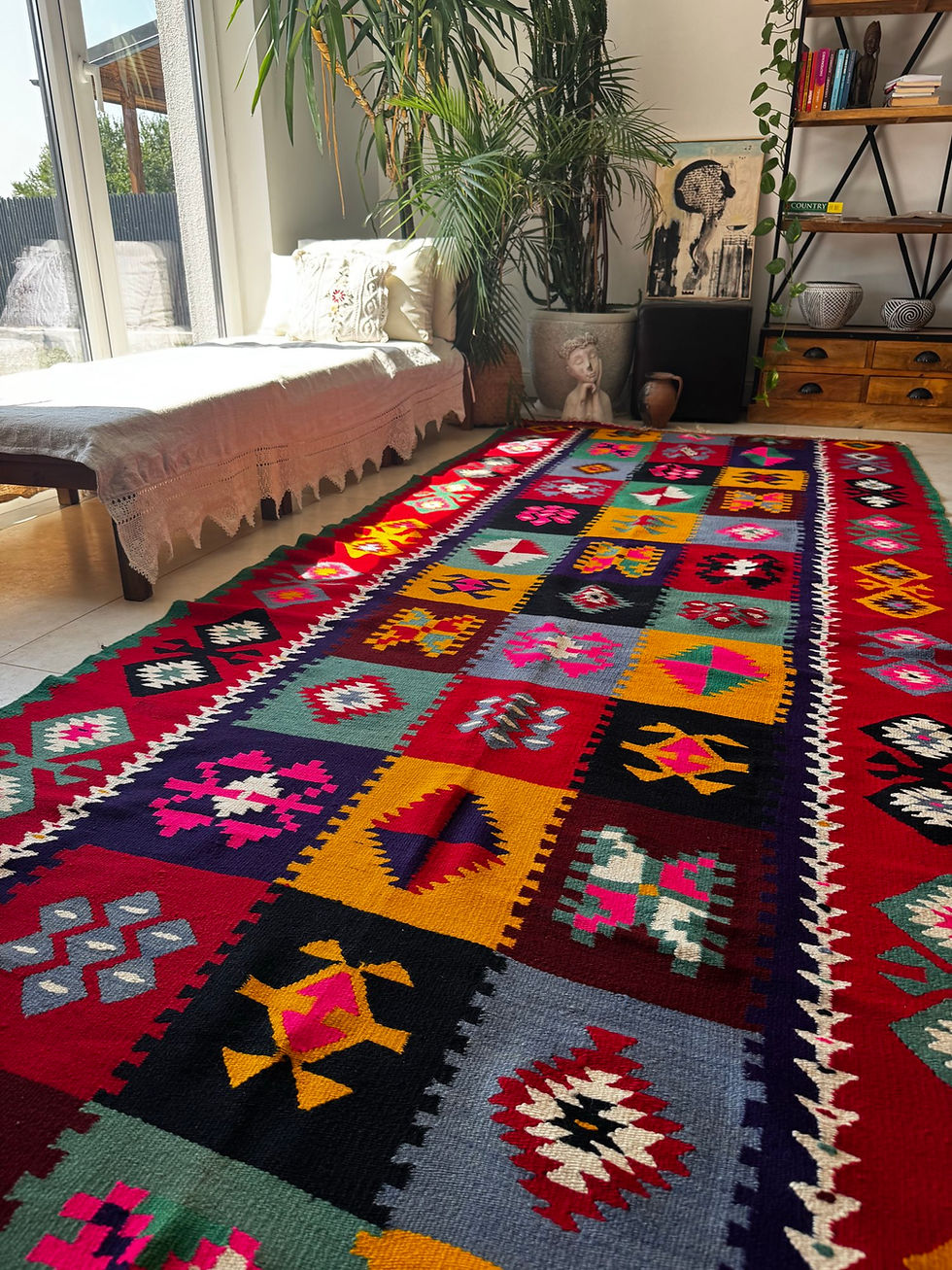 Miniaturbild: 345x147 Very Old Long Kilim With Colourful Geometric Pattern