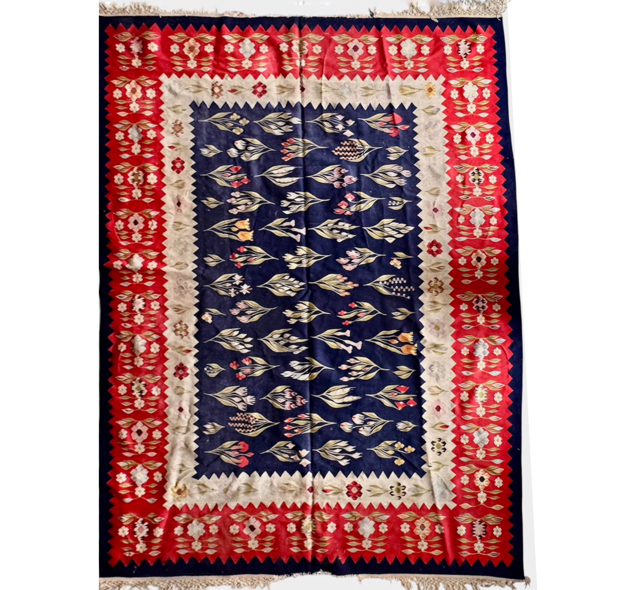Large Vintage Oltenian Rug – Handwoven Wool Floral Carpet