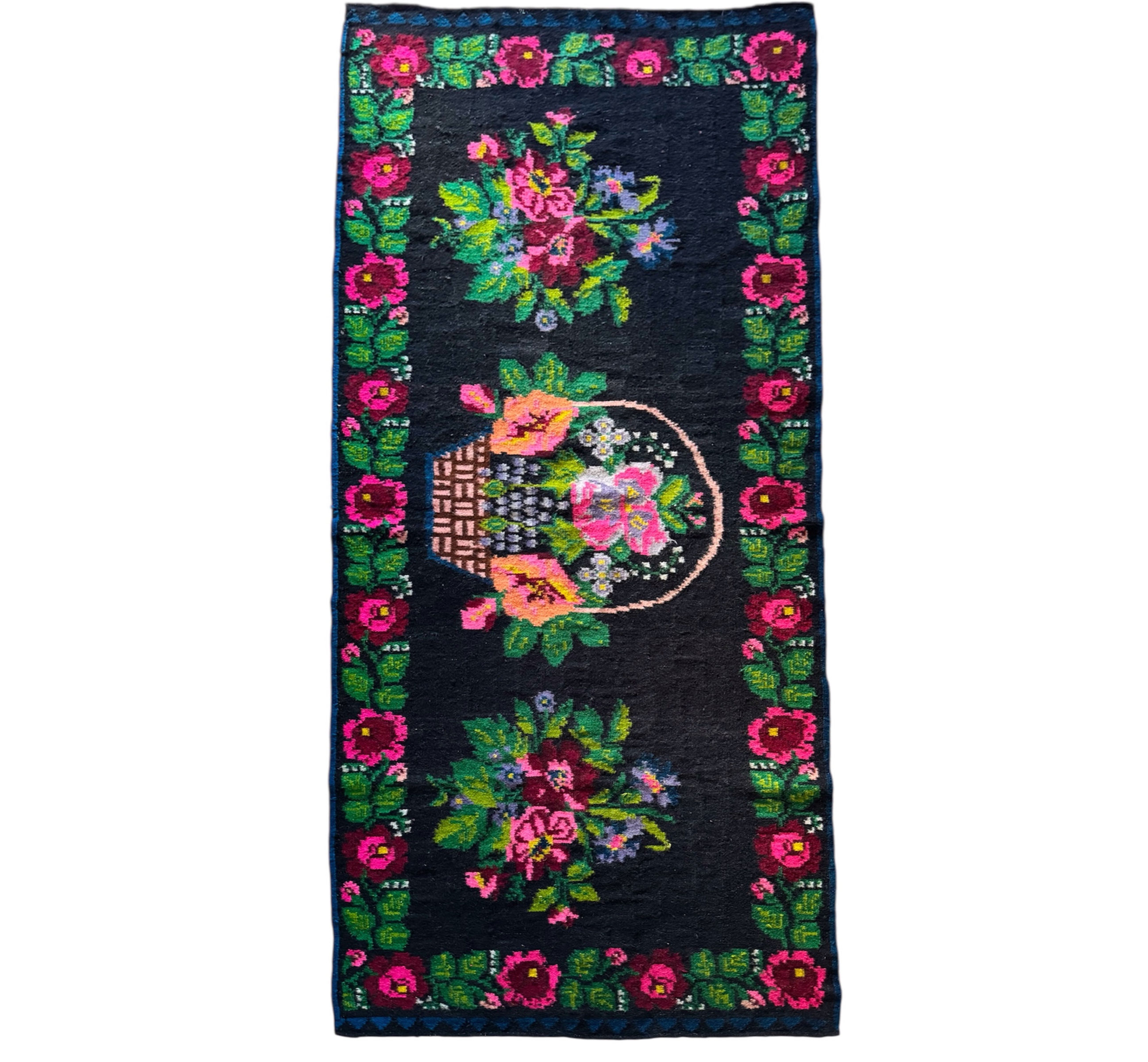Charming vintage handwoven carpet with floral design