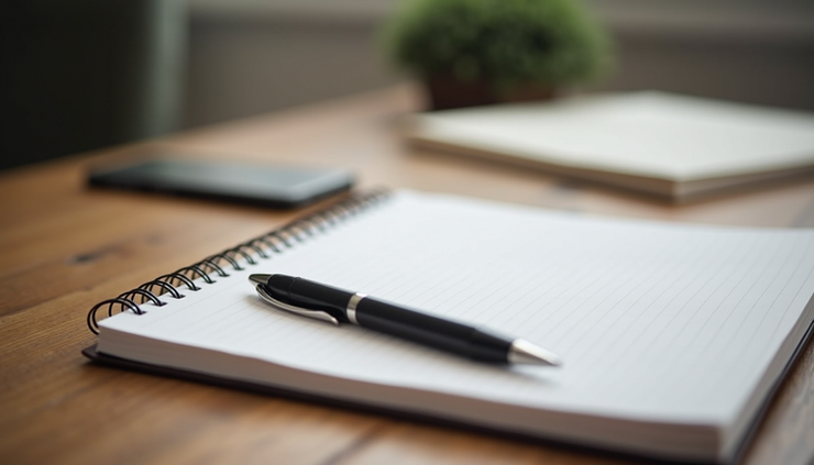Eye-level view of a notebook and pen on a wooden desk ready for coaching session notes