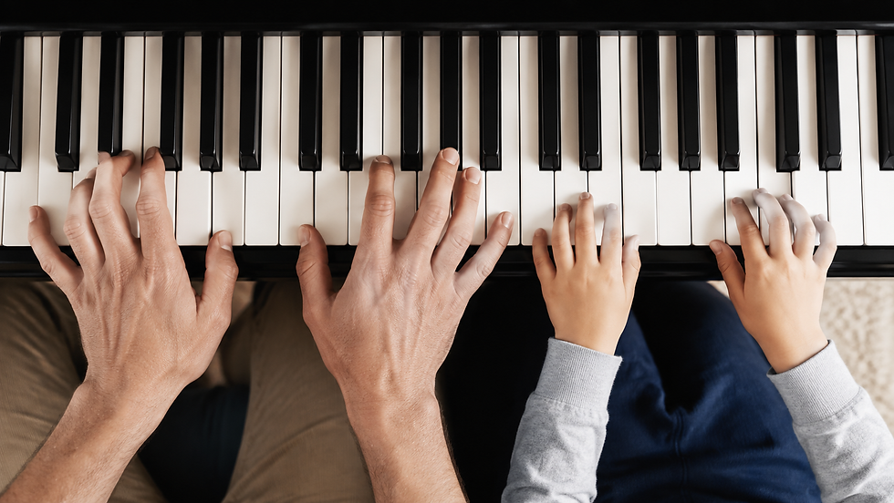 Adult and child hands playing the piano