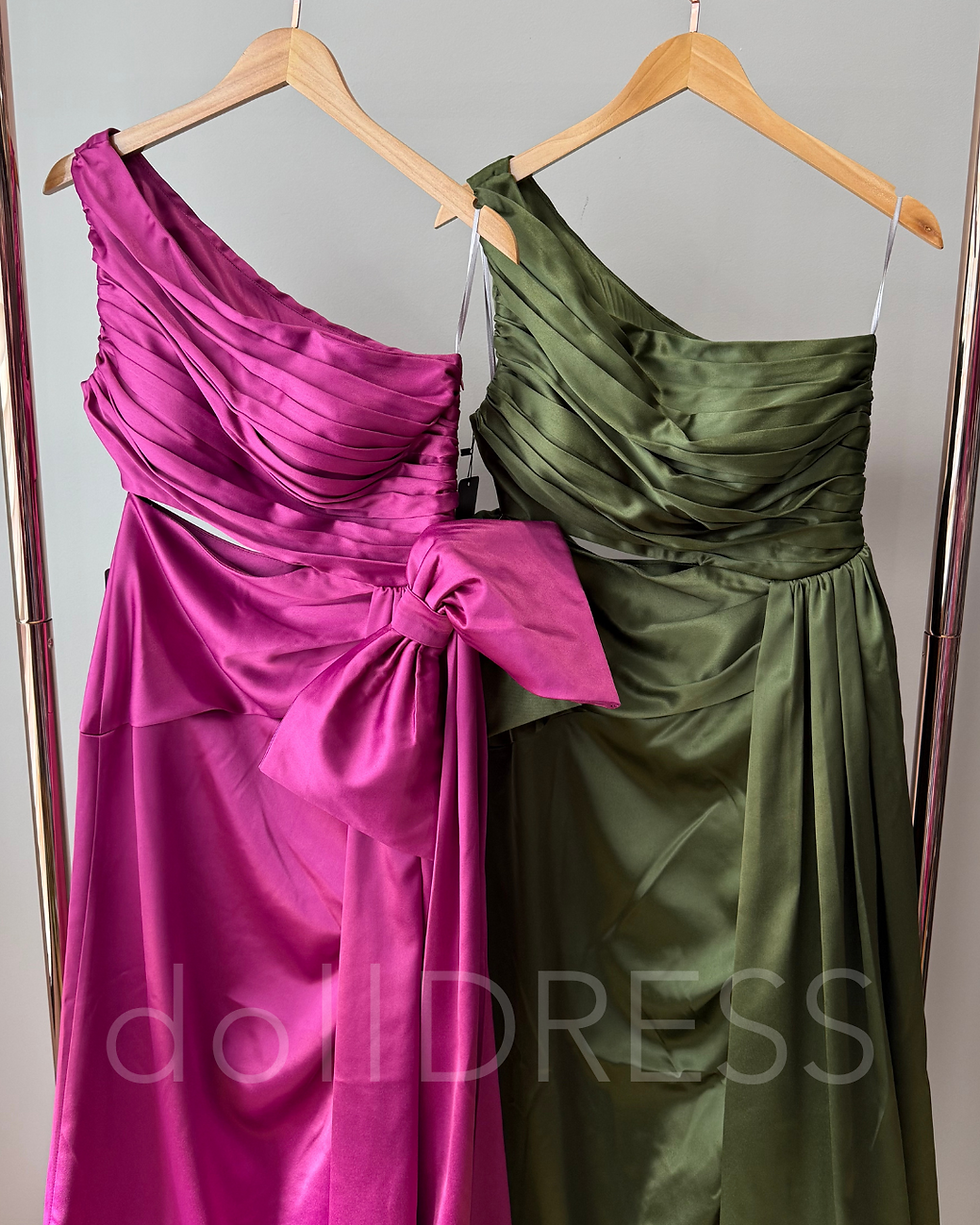 Vestido de festa verde oliva longo ombro só em cetim maxi laço Amanda