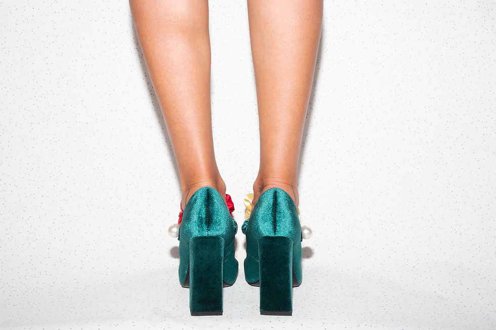 Thumbnail: green velvet mary-jane shoes with mismtched accessories flower and bow