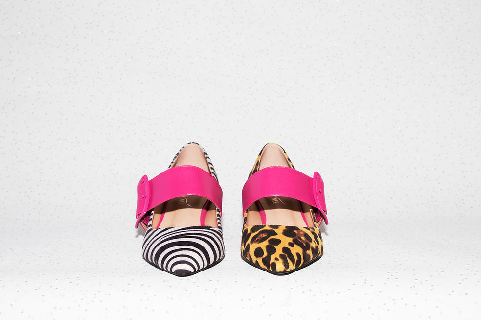 Thumbnail: mismatched animalier shoes zebra and leotard with pink lace and mid heel