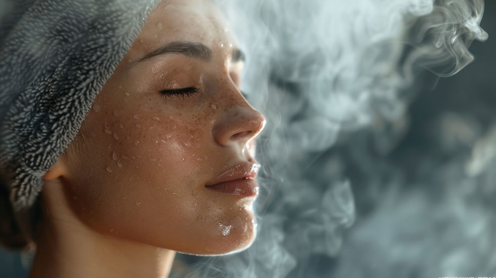 A woman's face half covered in steam with a relaxed and rejuvenated expression as she indulges in a deep skincare treatment with a facial steamer