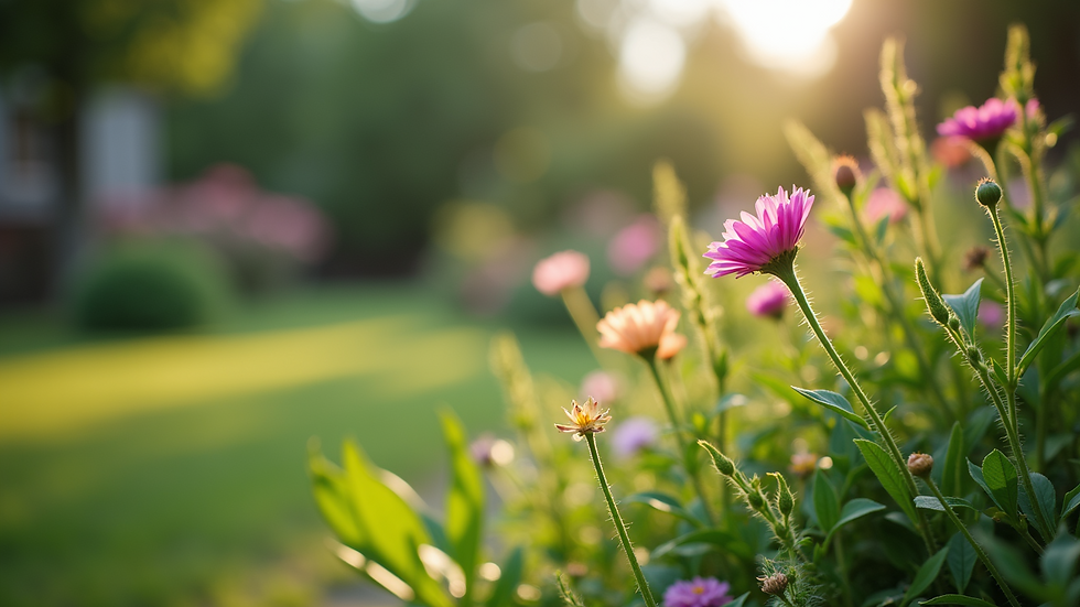 Eye-level view of a small garden with blooming flowers and green plants