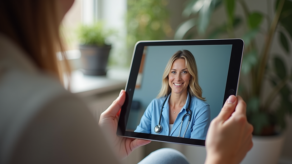 Close-up view of a tablet displaying a video call with a therapist