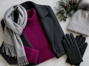A winter outfit featuring a charcoal blazer, a deep magenta sweater and gray hat and scarf