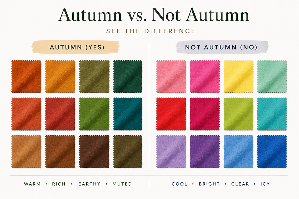 A graphic image showing the difference between earthy Autumn shades and bright cooler shades.