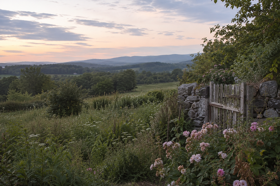 A summer meadow overlooking mountains in the distance, a smoky sky and hydrangeas and other flowers in the foreground