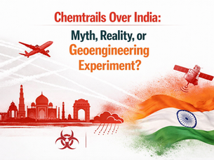 Airplane leaving chemtrails over India skyline with geoengineering concept visuals