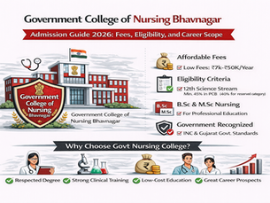Government College of Nursing Bhavnagar infographic in black, red, and white theme highlighting government nursing education, admission 2026 details, low-fee structure, eligibility checklist, clinical training icons, and career scope visuals on a plain white background.