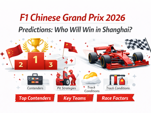 F1 Chinese Grand Prix 2026 prediction illustration with Formula 1 car, podium, and racing elements in a red and white theme.