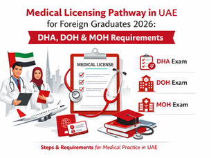 Medical Licensing Pathway in UAE showing DHA, DOH, and MOH requirements for foreign medical graduates.