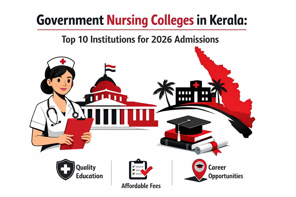 Government Nursing Colleges in Kerala – Top 10 institutions for 2026 admissions shown with medical education icons and Kerala map in a black red white theme