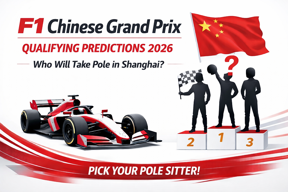 F1 Chinese Grand Prix 2026 qualifying predictions graphic with F1 car and pole position podium