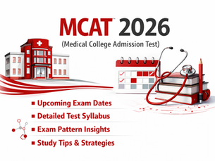 MCAT 2026 exam preparation illustration with books, schedule, and medical symbols