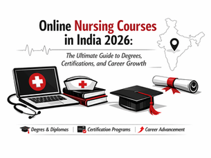 Online Nursing Courses in India 2026 – Degrees, certifications, and career growth illustrated with digital learning and medical education icons
