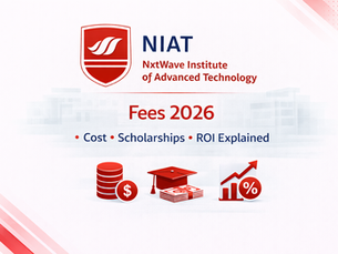 NIAT NxtWave fees 2026 graphic with cost, scholarships, and ROI growth chart icons
