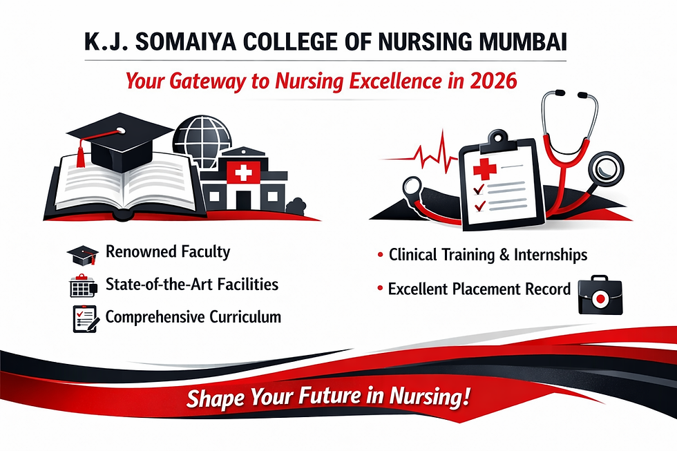 K.J. Somaiya College of Nursing Mumbai 2026 blog image with medical icons, stethoscope, academic symbols, and red black white professional design