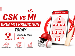 Chennai Super Kings vs Mumbai Indians Dream11 prediction graphic with fantasy team, player picks, and tips