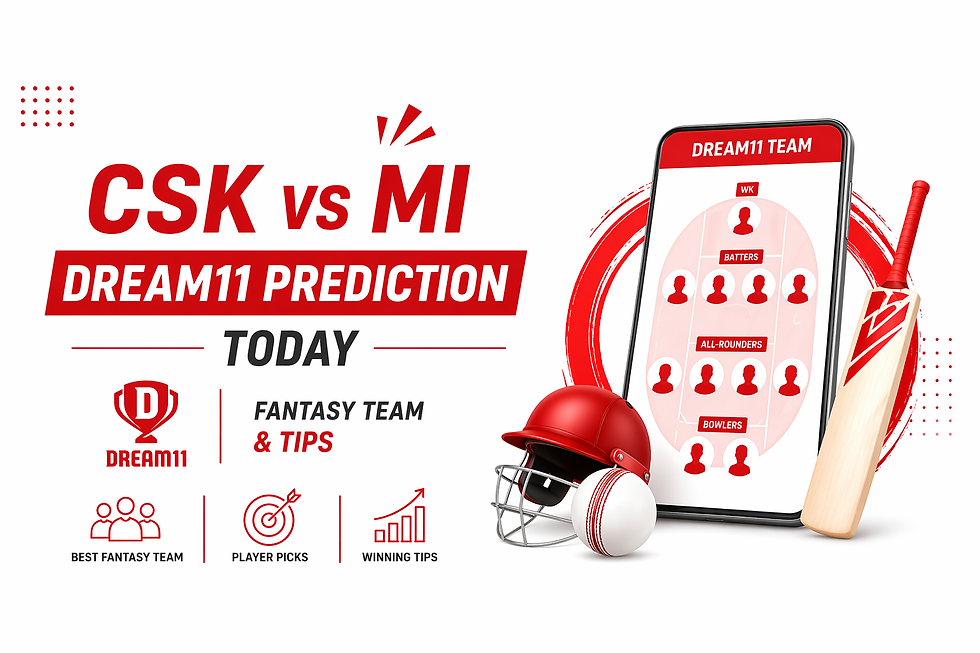 Chennai Super Kings vs Mumbai Indians Dream11 prediction graphic with fantasy team, player picks, and tips