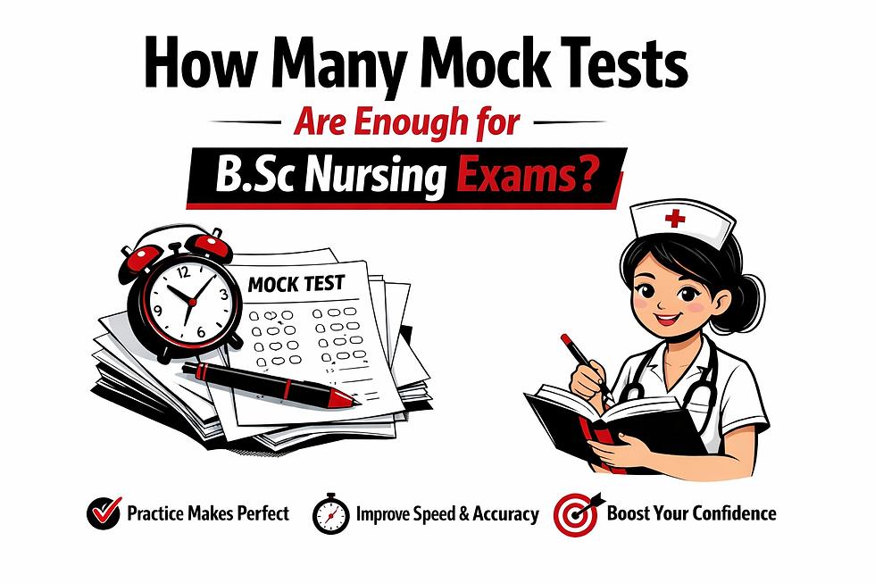 B.Sc Nursing Mock Tests preparation illustration showing exam papers, clock, pen, and nursing study elements in a black, red, and white theme