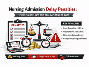 Nursing Admission Delay Penalties infographic in black, red, and white theme illustrating new INC guidelines for 2026, showing penalty checklist, fine symbols, clocks indicating delays, compliance scales, and admission regulation icons on a plain white background.