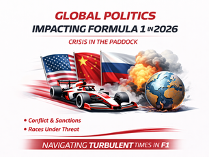 Formula 1 car with global political symbols highlighting geopolitical tensions impacting the F1 2026 season.