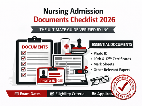 Nursing Admission Documents Checklist 2026 with clipboard, ID card, and list of essential documents. Red, black, white theme. Verified by INC.