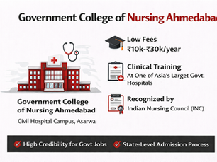 Government College of Nursing Ahmedabad infographic in black, red, and white theme showing government nursing education symbols, Civil Hospital campus icon, low-fee indicator, clinical training visuals, and academic excellence highlights on a plain white background.