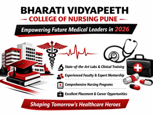 Bharati Vidyapeeth College of Nursing Pune blog banner with medical symbols, academic icons, and black red white professional design highlighting nursing education excellence in 2026