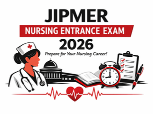 JIPMER Nursing Entrance Exam 2026 preparation graphic with black red white theme, exam icons, checklist, clock, and nursing career elements on a plain white background