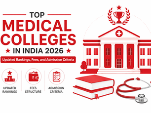 Top medical colleges in India 2026 banner with rankings, fees, and admission criteria in a clean red and white design
