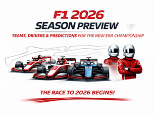 F1 2026 season preview graphic featuring Formula 1 cars and drivers highlighting teams, predictions, and the new championship era.